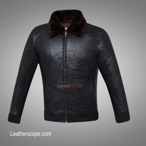 Alligator/Crocodile Textured Leather Jacket For Men/Original Sheep Fur Collar