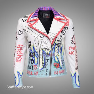 Women Punk Graffiti Leather Jacket / Cowhide Studded Biker jacket